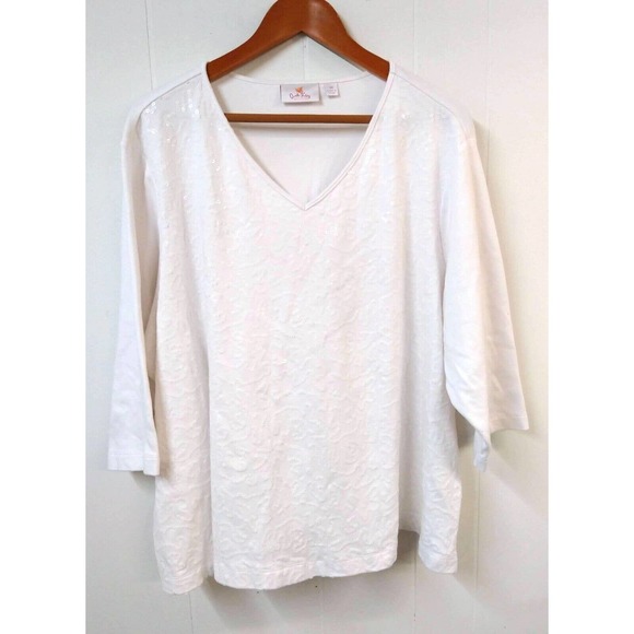 Quacker Factory WM Plus 3X White 3/4 Sleeve Shirt Full Sequin Front Panel - Picture 1 of 4